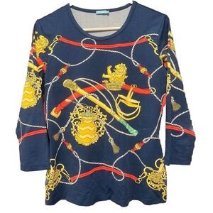 J.McLaughlin‎ Navy Blue Equestrian Print Long Sleeve Top Women's Size M